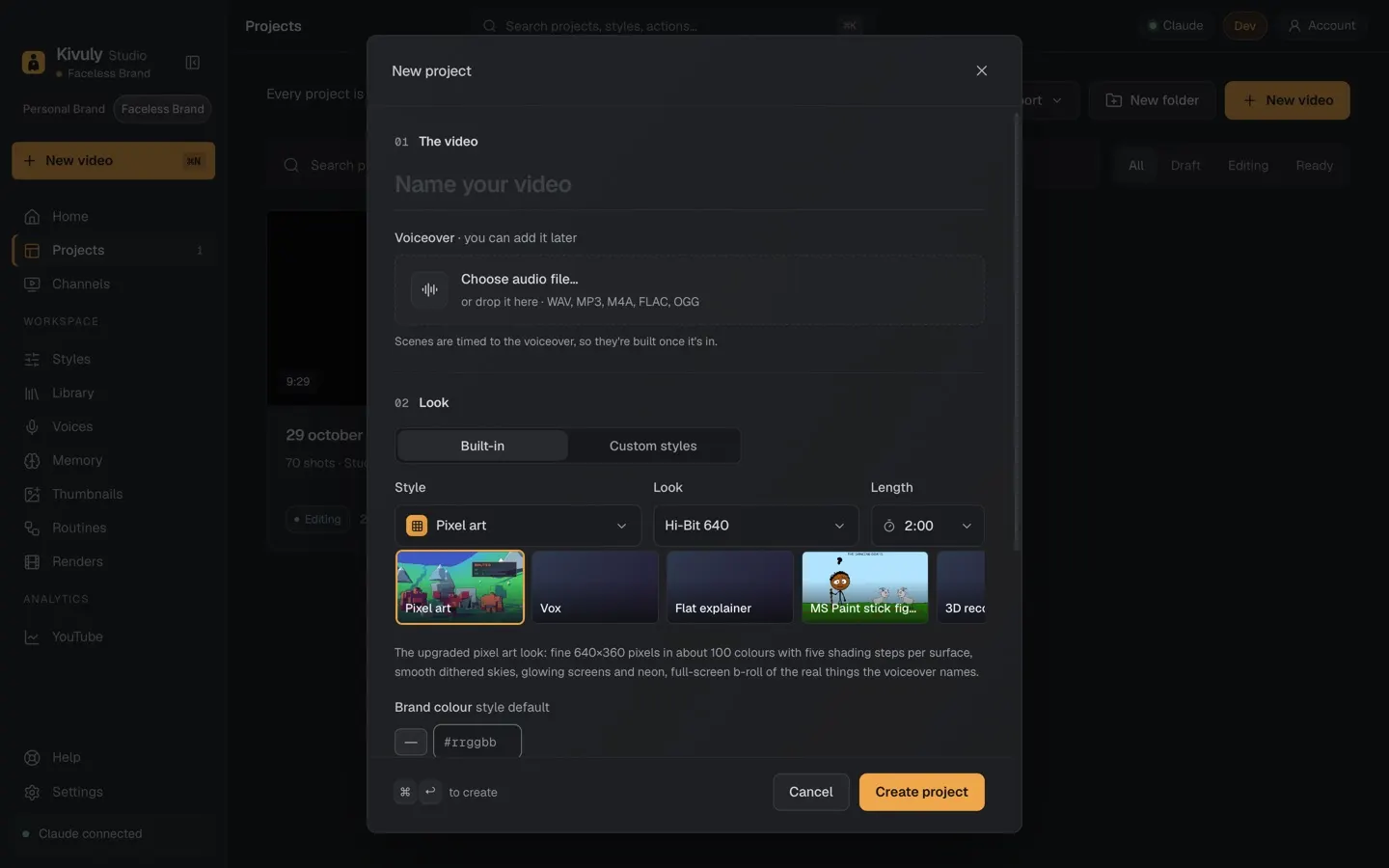 The New project window: name, voiceover and style