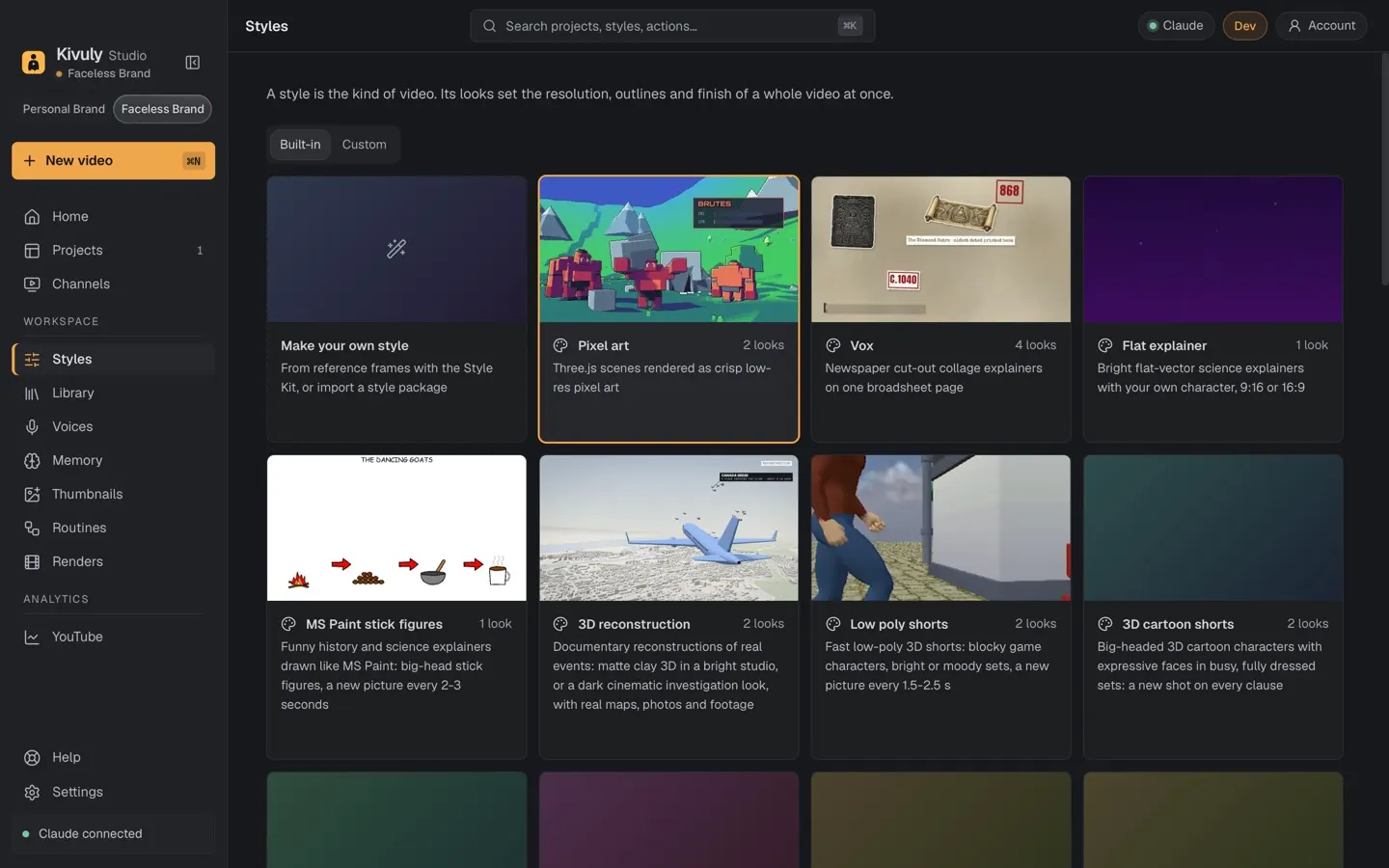 The style library: hover any style to see it move, or make a style of your own.